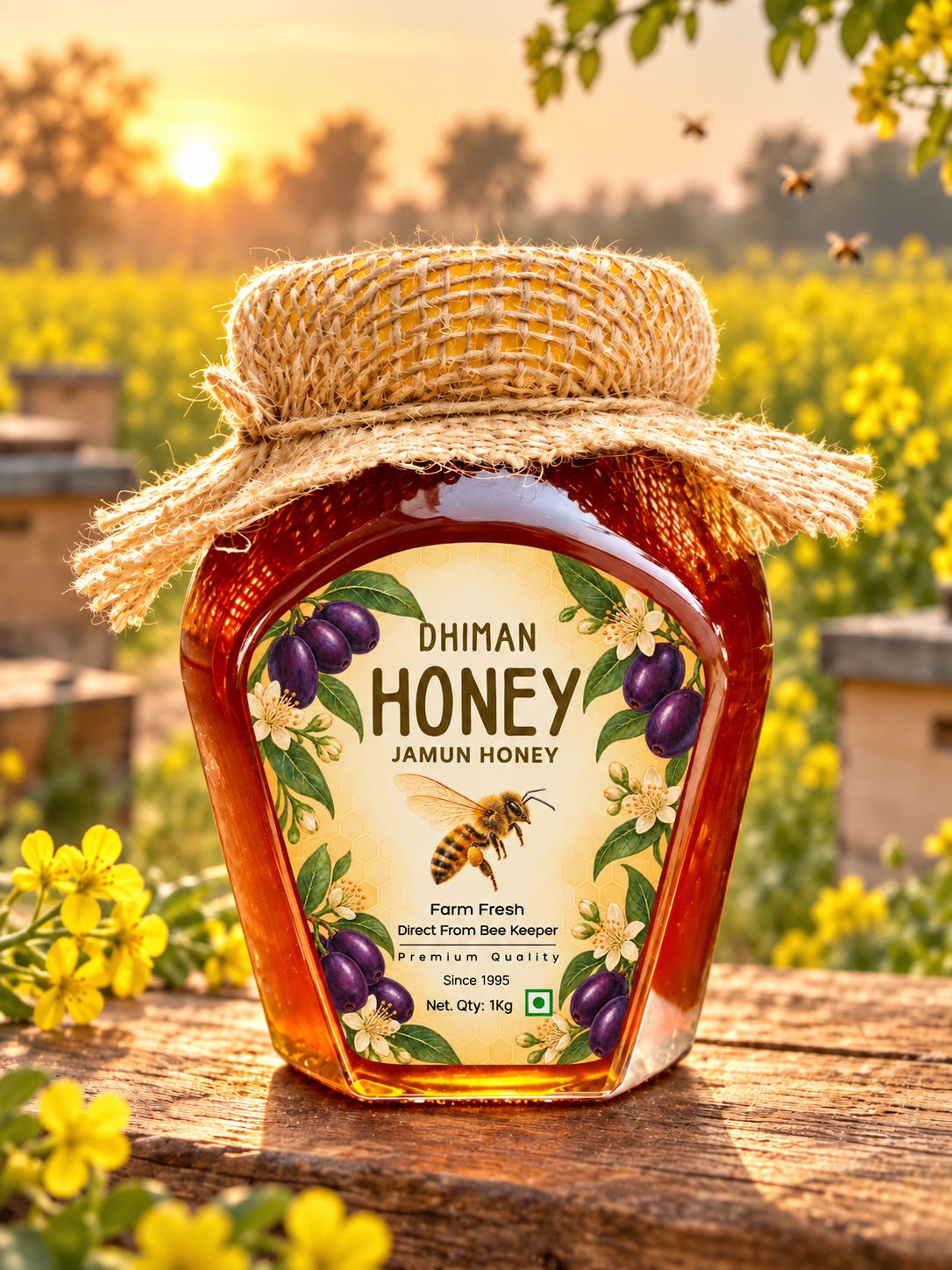A cloth-sealed 1kg jar of Dhiman Jamun Honey in a flowering Punjab apiary