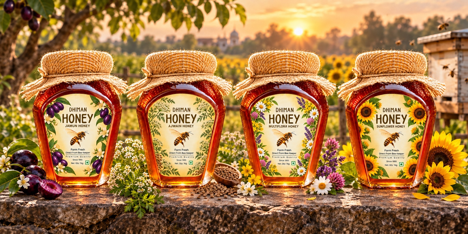 Dhiman Honey Bee Jamun, Ajwain, Multiflora and Sunflower 1kg honey bottle collection